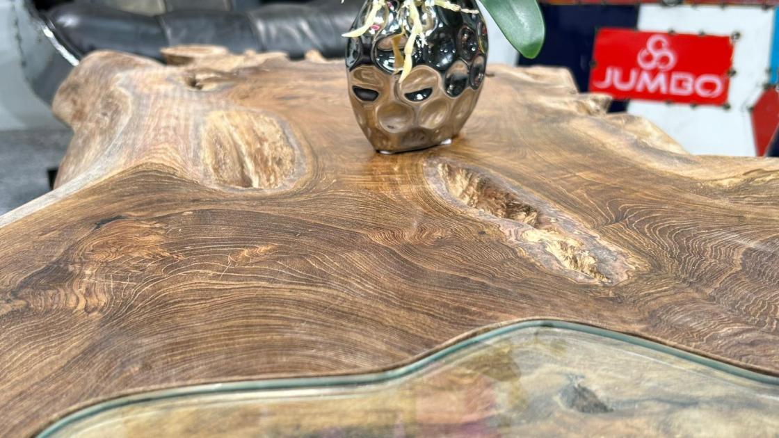 Teakholz-Couchtisch mit Glasintarsien, 120x69x41 cm