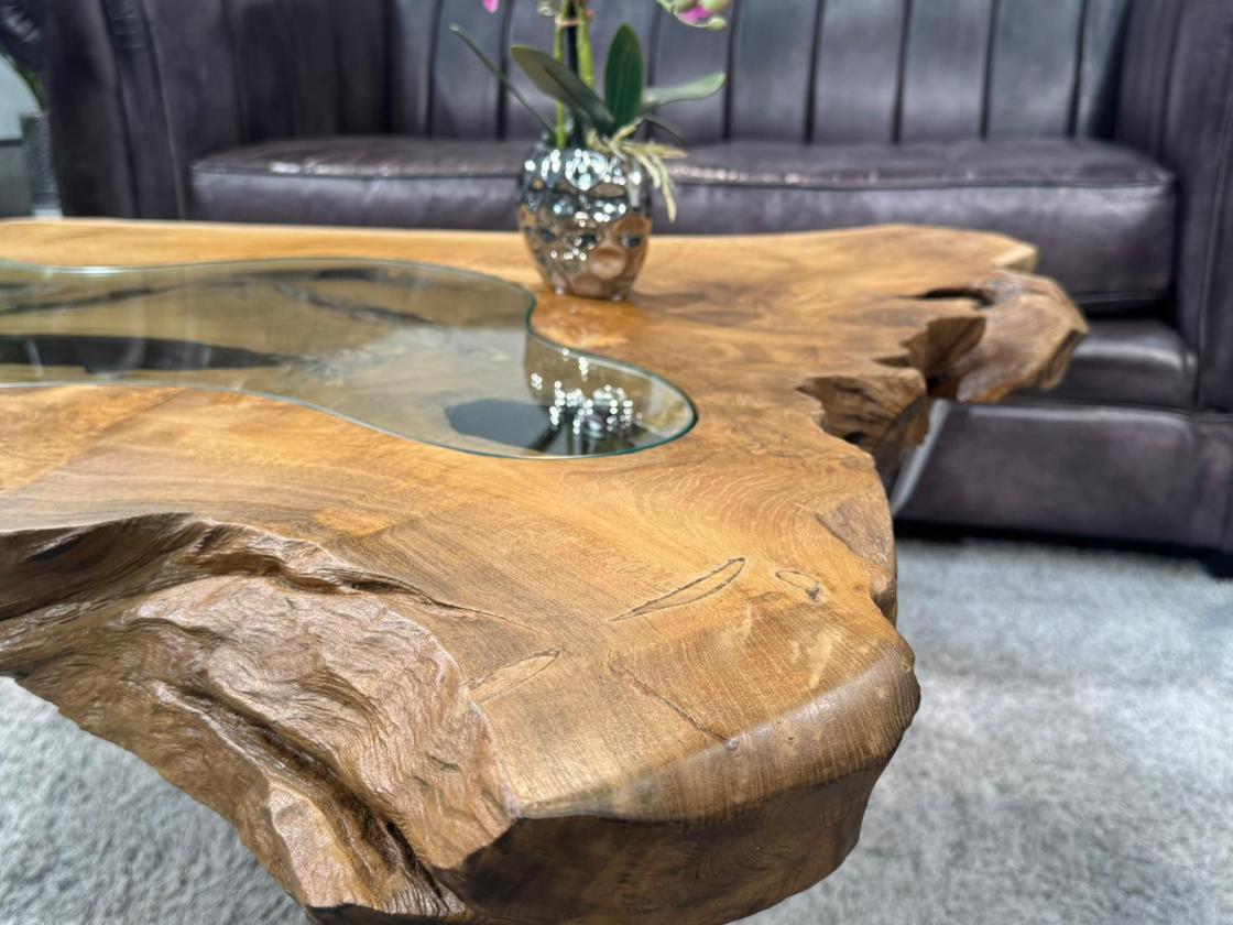 Coffee table from tree slice with glass inlays, approx. 101x91x45 cm