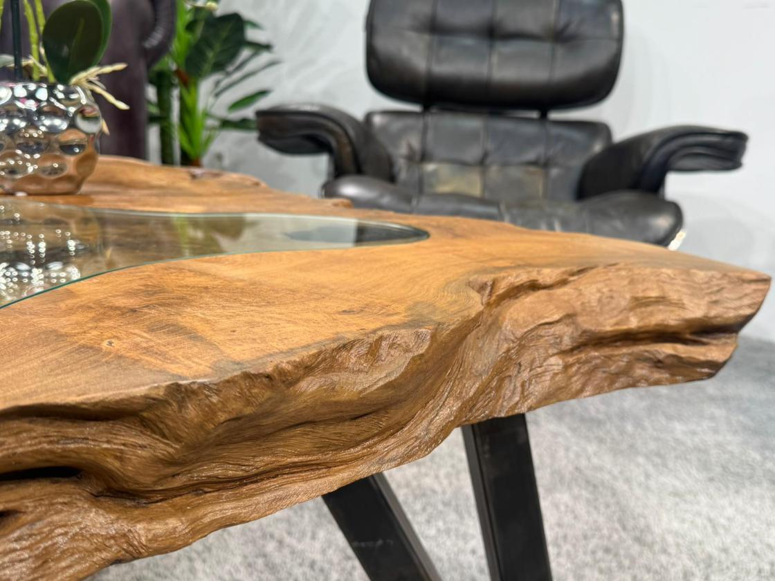 Coffee table from tree slice with glass inlays, metal legs.