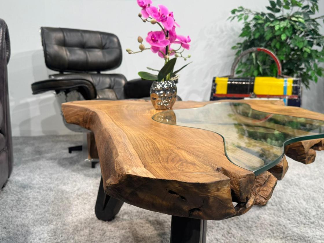 Coffee table from tree slice with glass inlays, approx. 101 x 91 x 45 cm
