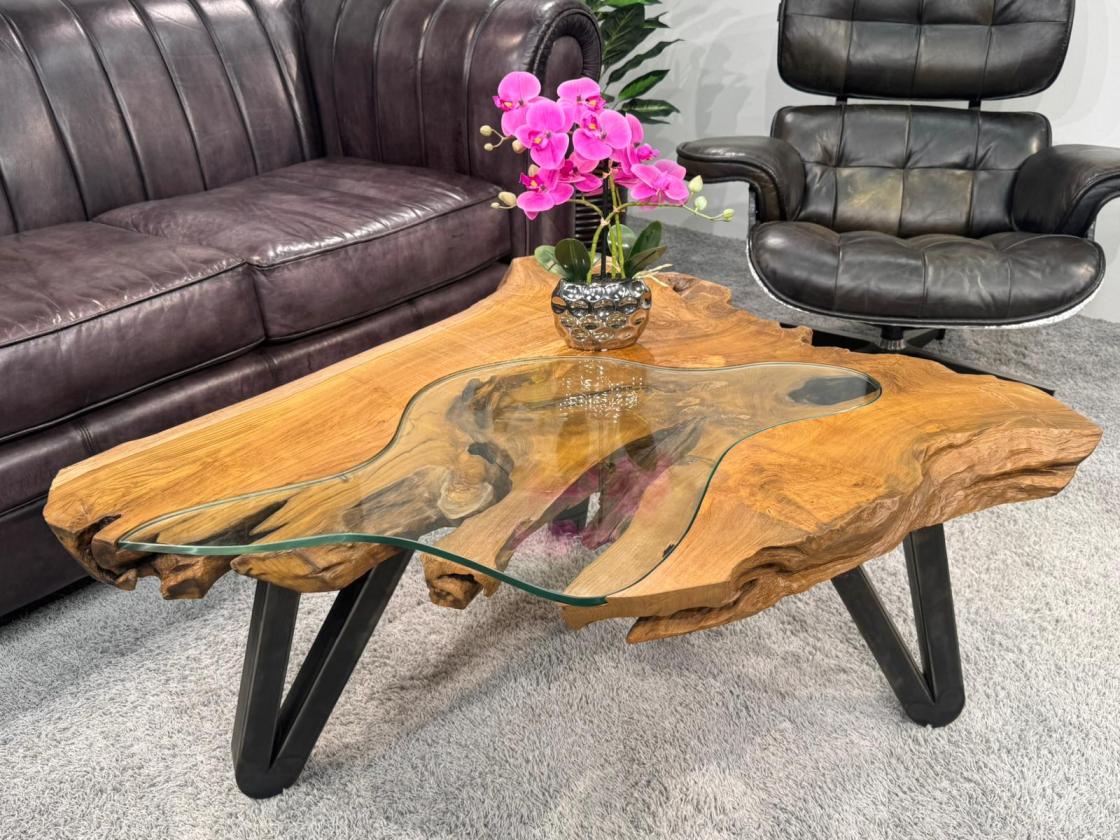 Coffee table from tree slice with glass inlays, 101x91x45 cm
