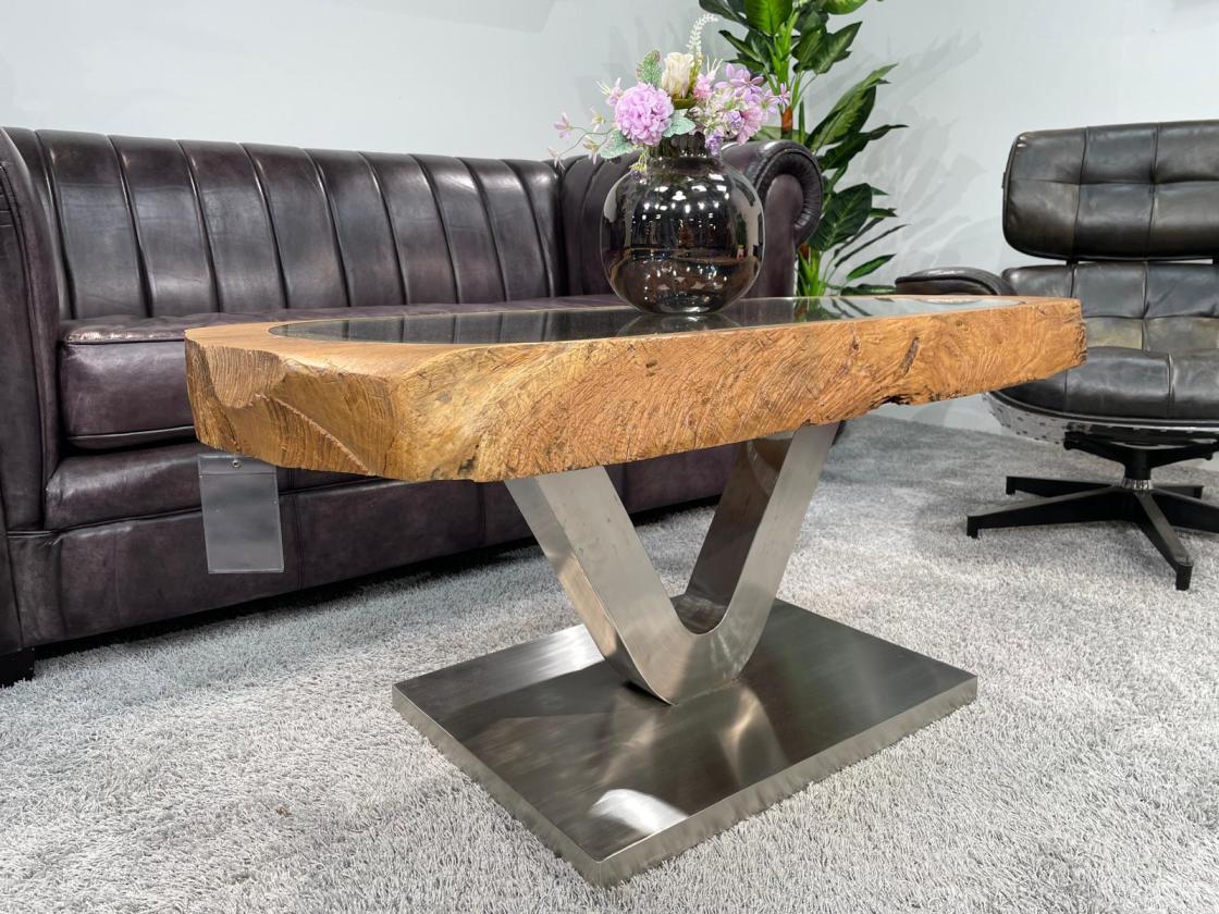 Coffee table from antique rice mortar, rectangular, wood and metal