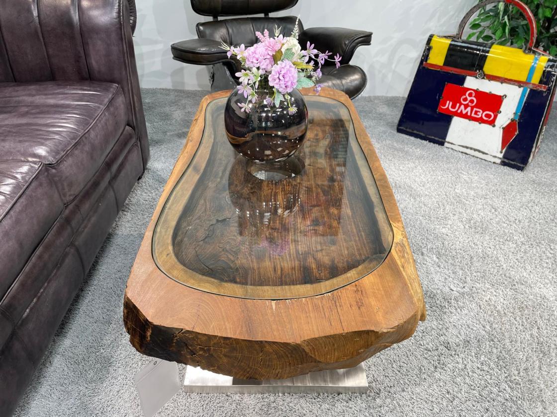 Coffee table from antique rice mortar, glass top, metal base