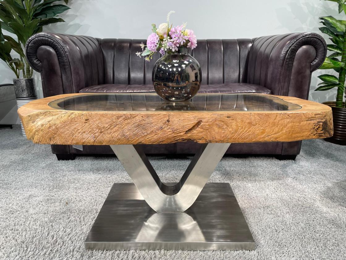 Coffee table from antique rice mortar with glass top, 109x52x51 cm