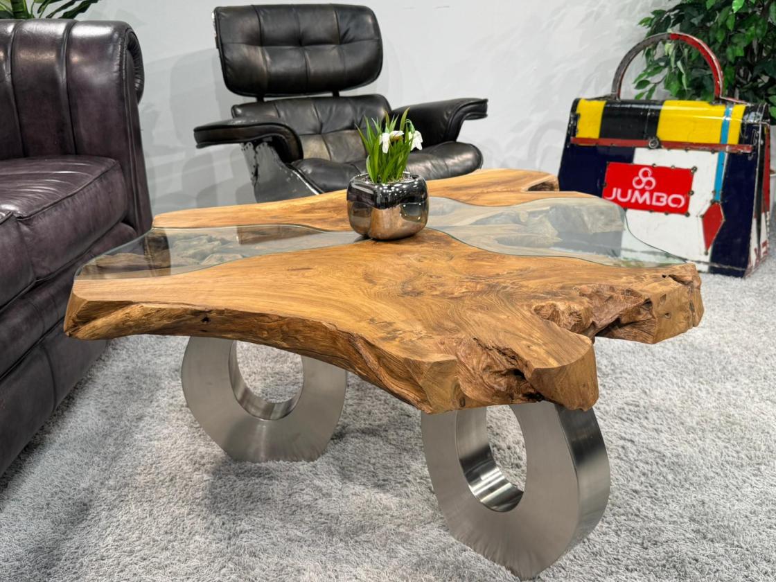 Sofatisch mit Glaseinlagen, Stahlfüße in O-Form