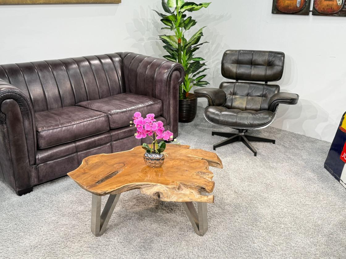 Couchtisch aus Teakholz mit Glasplatte, ca. 97 x 65 x 38 cm