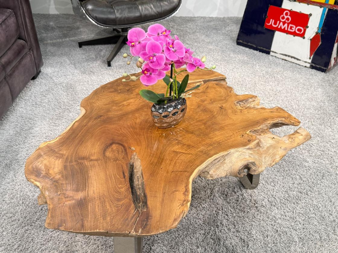 Ovaler Couchtisch aus Teakholz mit Glasplatte, 97x65x38 cm