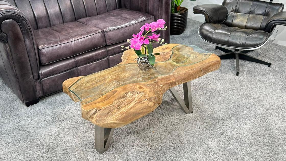 Couchtisch aus Teakholz mit Glasplatte, organische Form