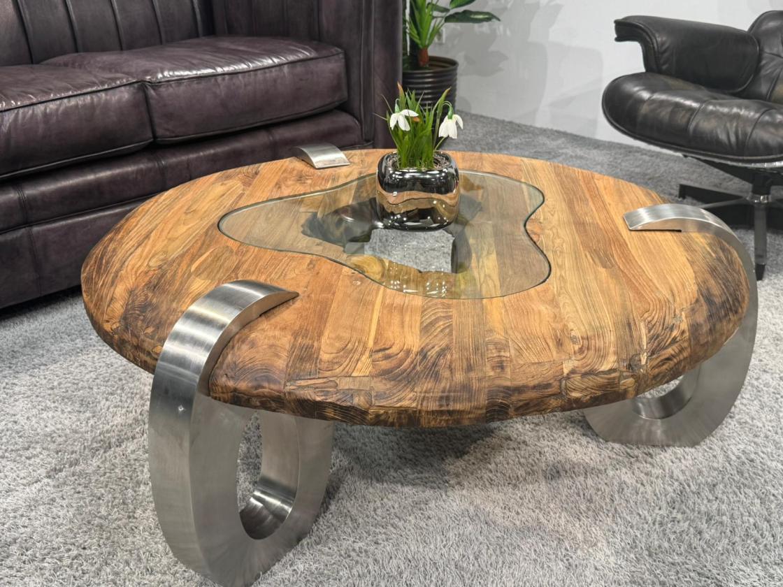 Couchtisch rund Clash aus Holz mit Edelstahl