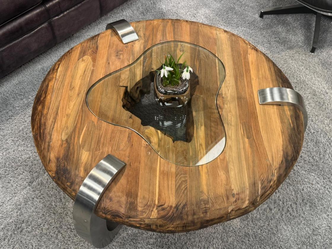 Couchtisch rund Clash aus Holz mit Edelstahl