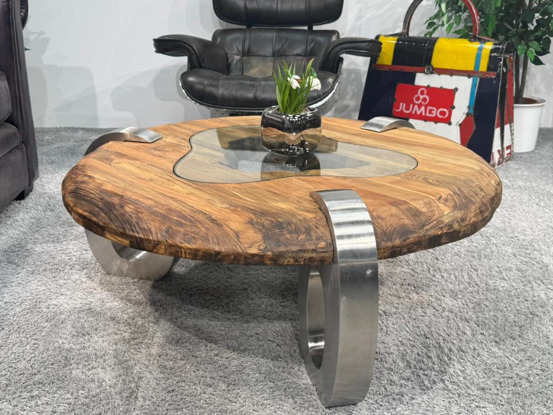 Couchtisch rund Clash aus Holz mit Edelstahl