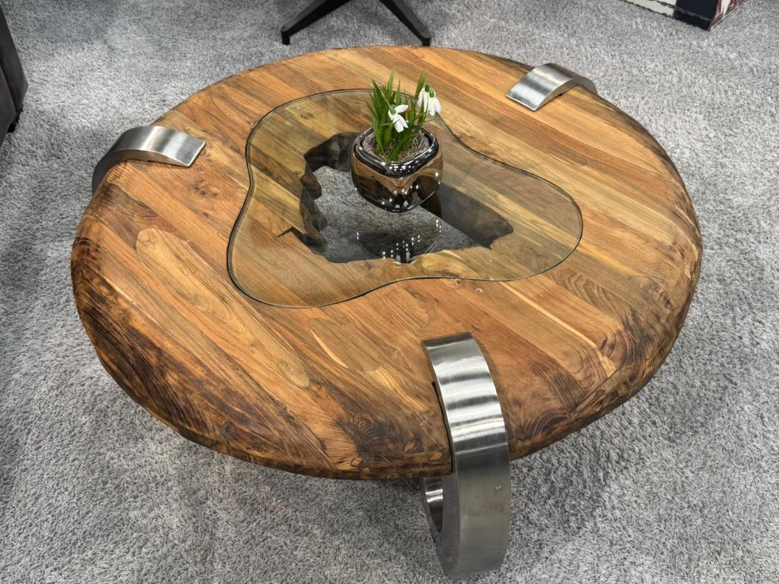 Couchtisch rund Clash aus Holz mit Edelstahl
