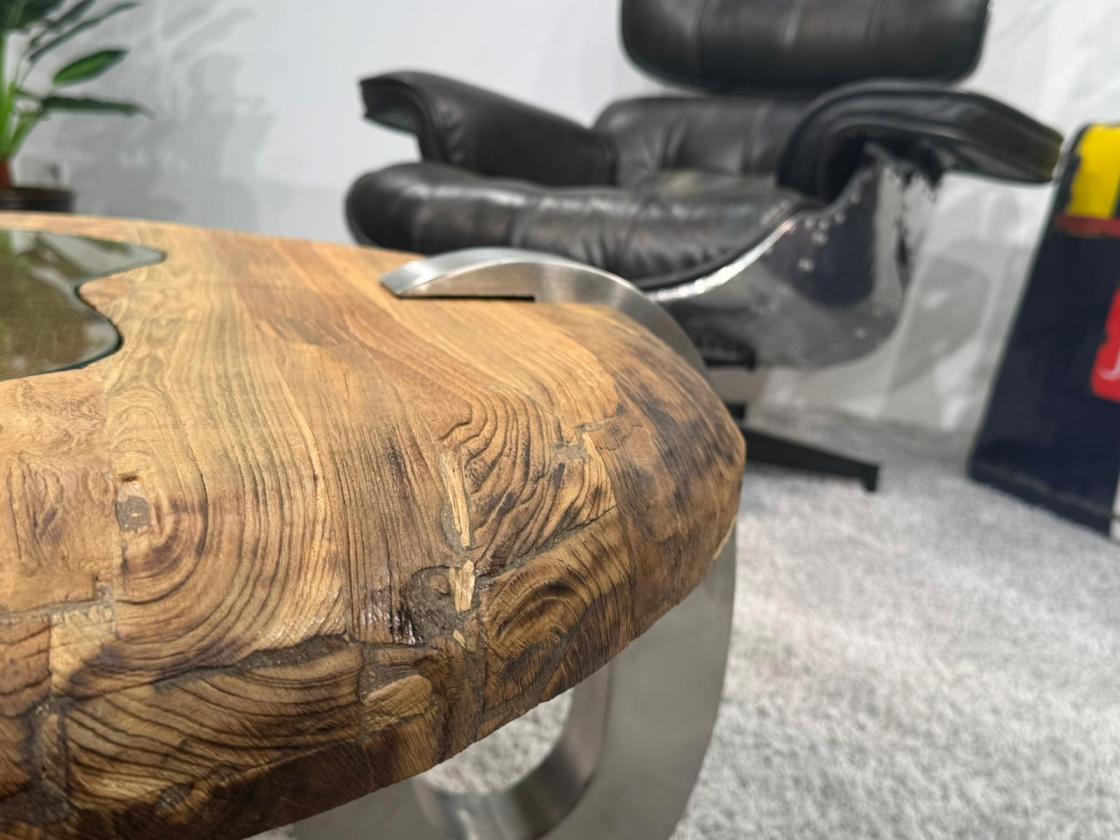 Couchtisch rund Clash aus Holz mit Edelstahl