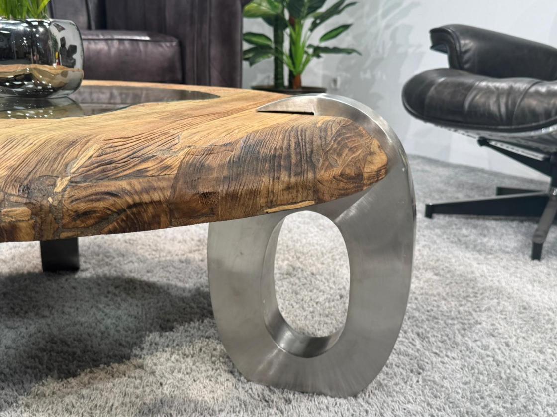 Couchtisch rund Clash aus Holz mit Edelstahl