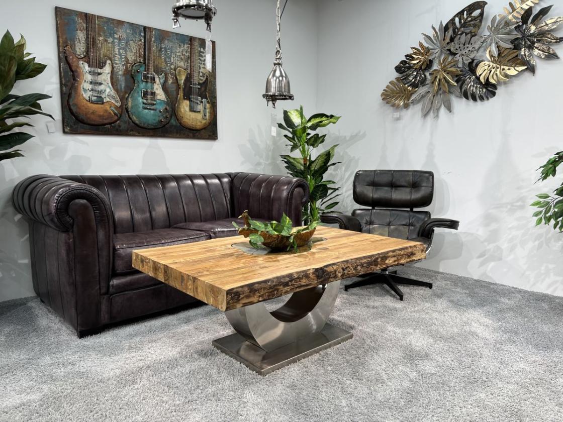 Couchtisch "Deep Island" ca. 120 x 82 x 50 cm aus recyceltem Altholz mit Edelstahlgestell in Halbmondform und Glaseinlage
