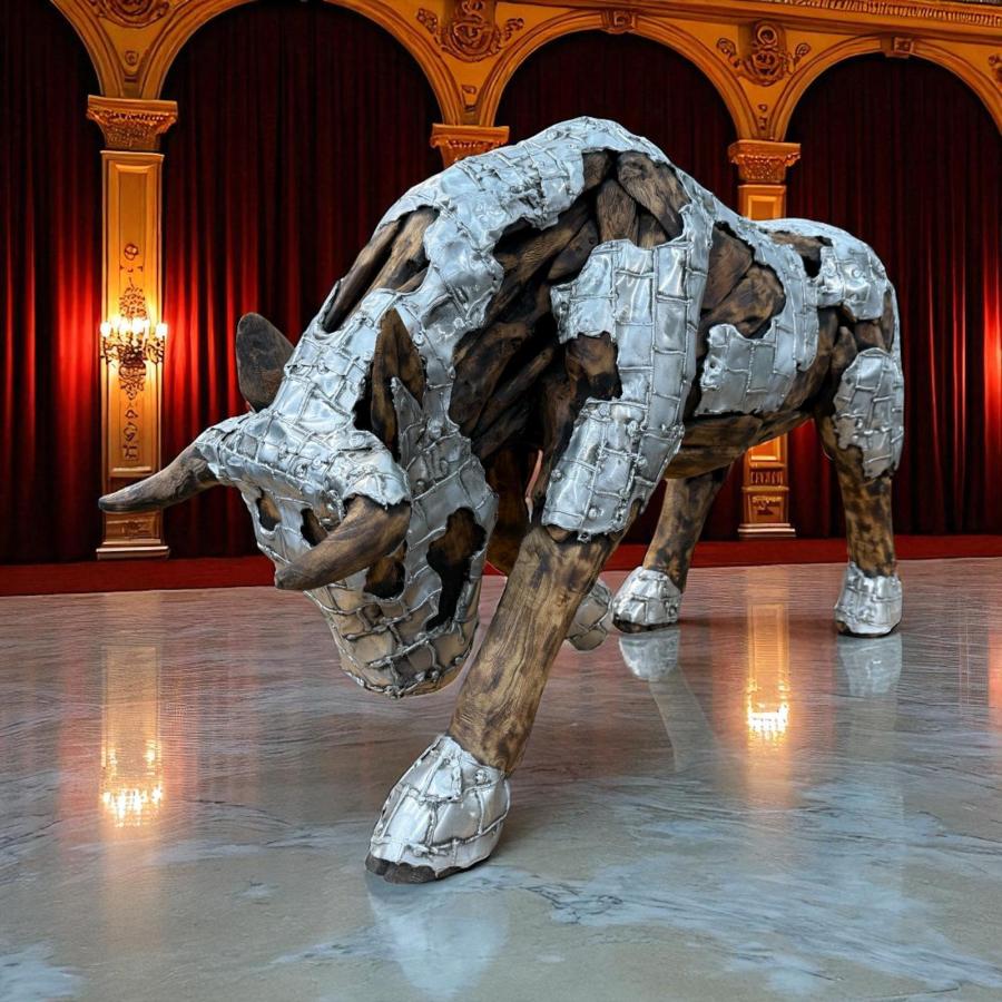 Stier-aus-Holz-mit-Aluminium-