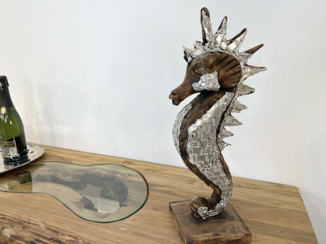 "Seepferdchen", 3-er SET aus Teakholz mit Applikationen aus Aluminium (Größe L, M und S)