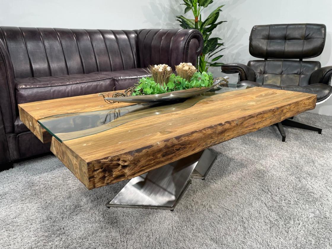 Wohnzimmertisch mit Holzplatte, Edelstahlgestell, ca. 120x80x45 cm