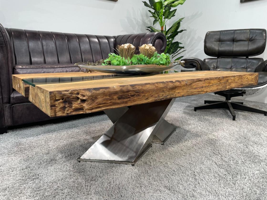 Wohnzimmertisch mit Glasplatte und Edelstahlgestell, 120x79-81x45 cm