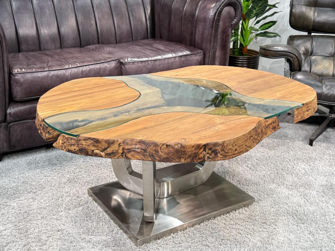 Massivholz Couchtisch mit Glaseinlage Fjord