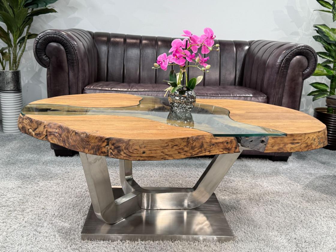 Massivholz Couchtisch mit Glaseinlage Fjord