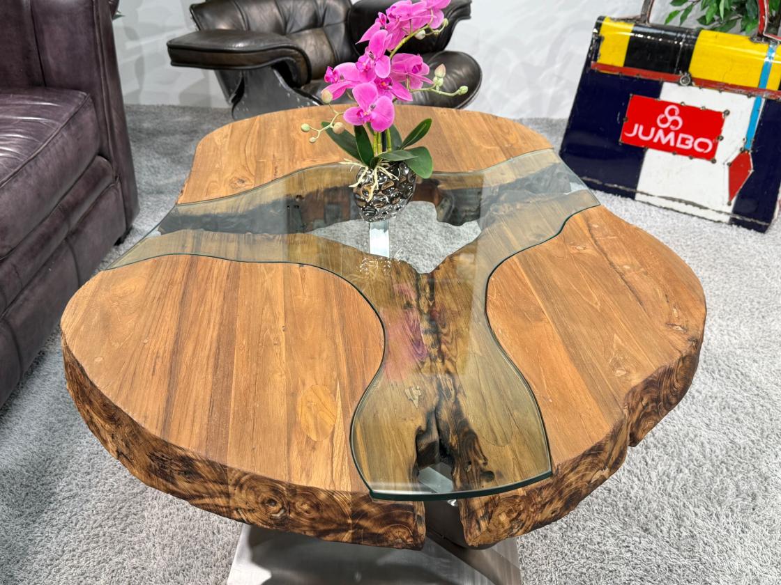 Massivholz Couchtisch mit Glaseinlage Fjord