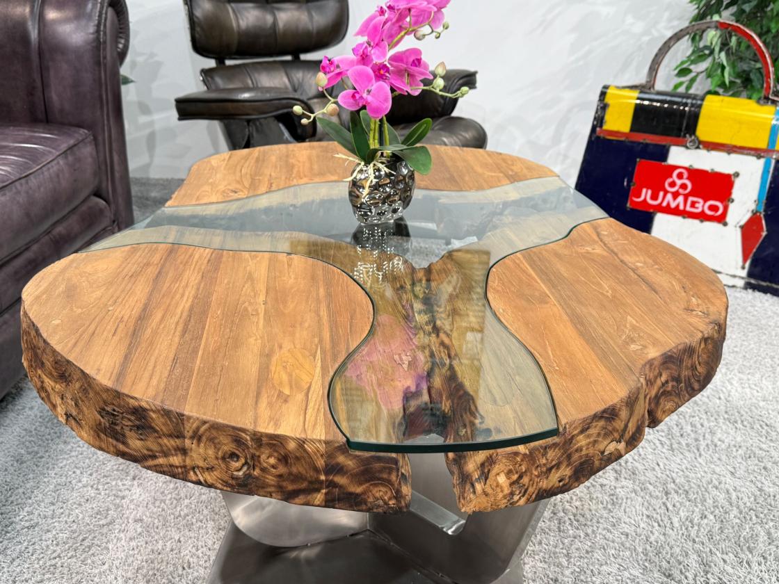 Massivholz Couchtisch mit Glaseinlage Fjord