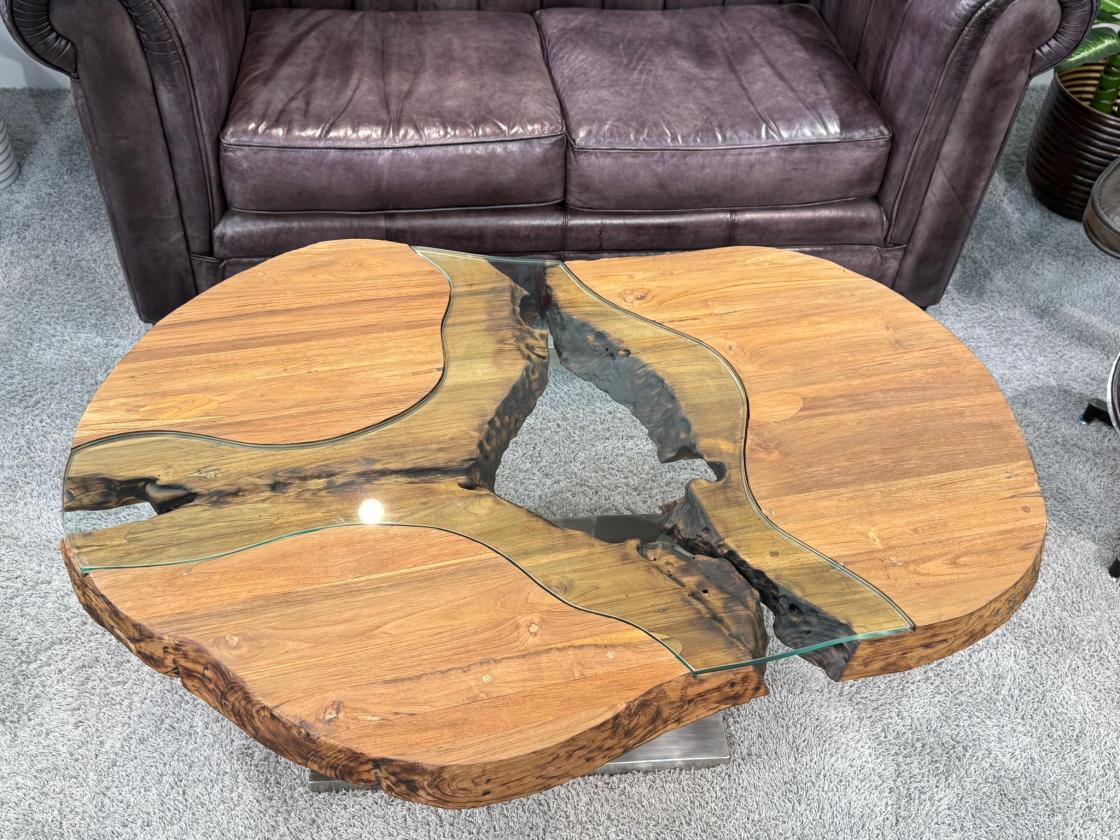 Massivholz Couchtisch mit Glaseinlage Fjord