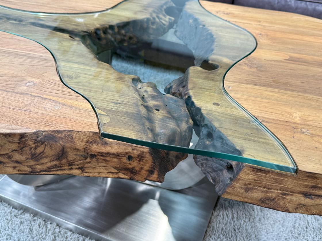 Massivholz Couchtisch mit Glaseinlage Fjord