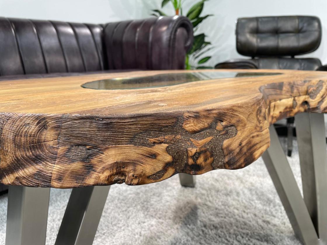 Design-Couchtisch "Atoll", oval, ca. 98 x 55-65 x 50 cm, aus recyceltem Holz