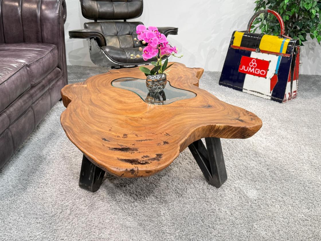 Wohnzimmertisch aus Suar-Baumstamm mit Glaseinsatz, ca. 160 x 73-83 x 38 cm