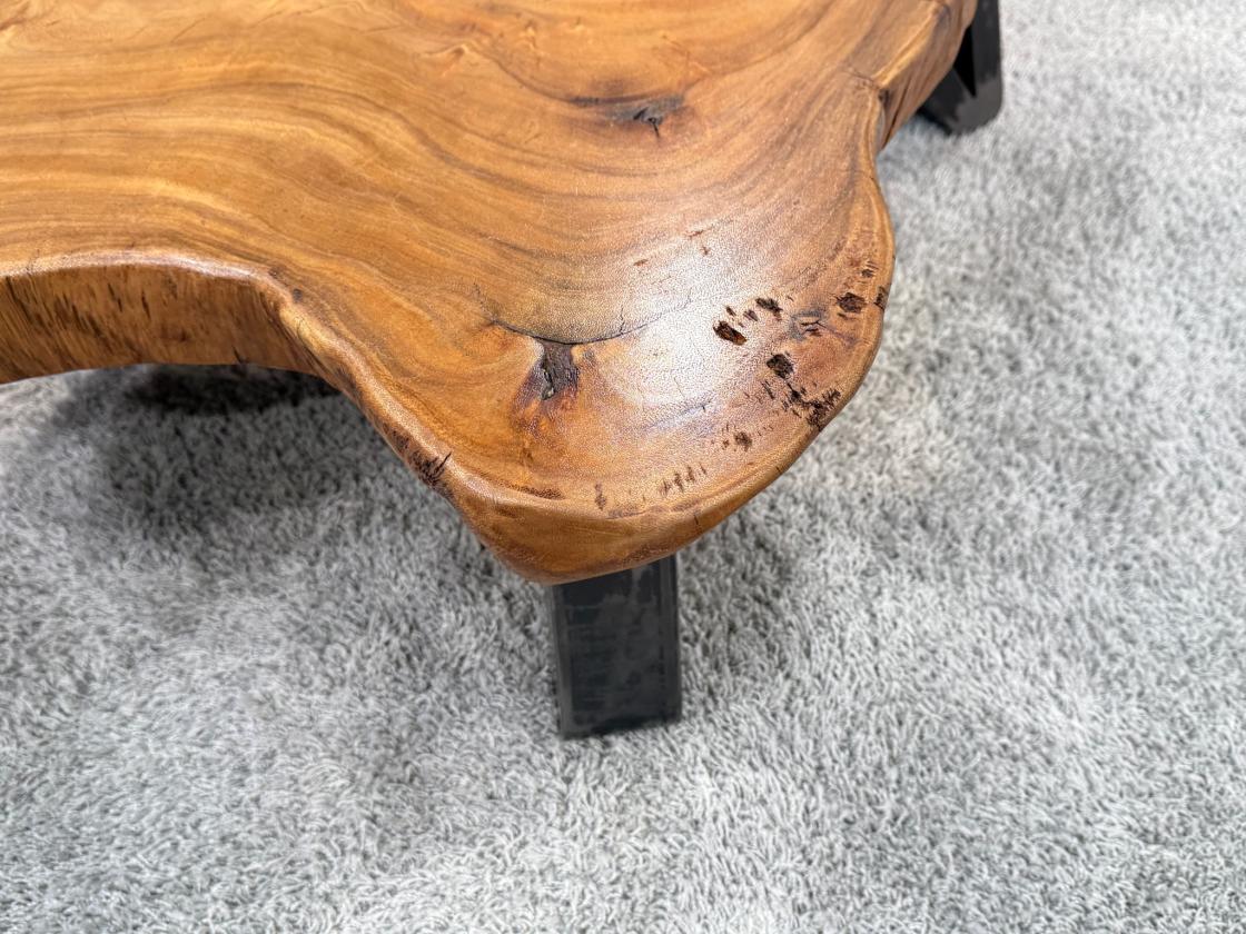 Wohnzimmertisch aus Suar-Baumstamm auf Teppichboden