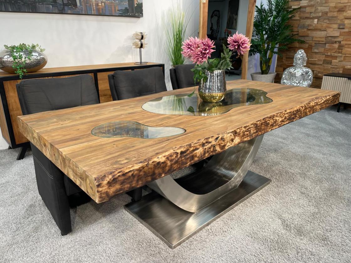 Stilvoller Esstisch aus massivem Teakholz und Glas 220 cm