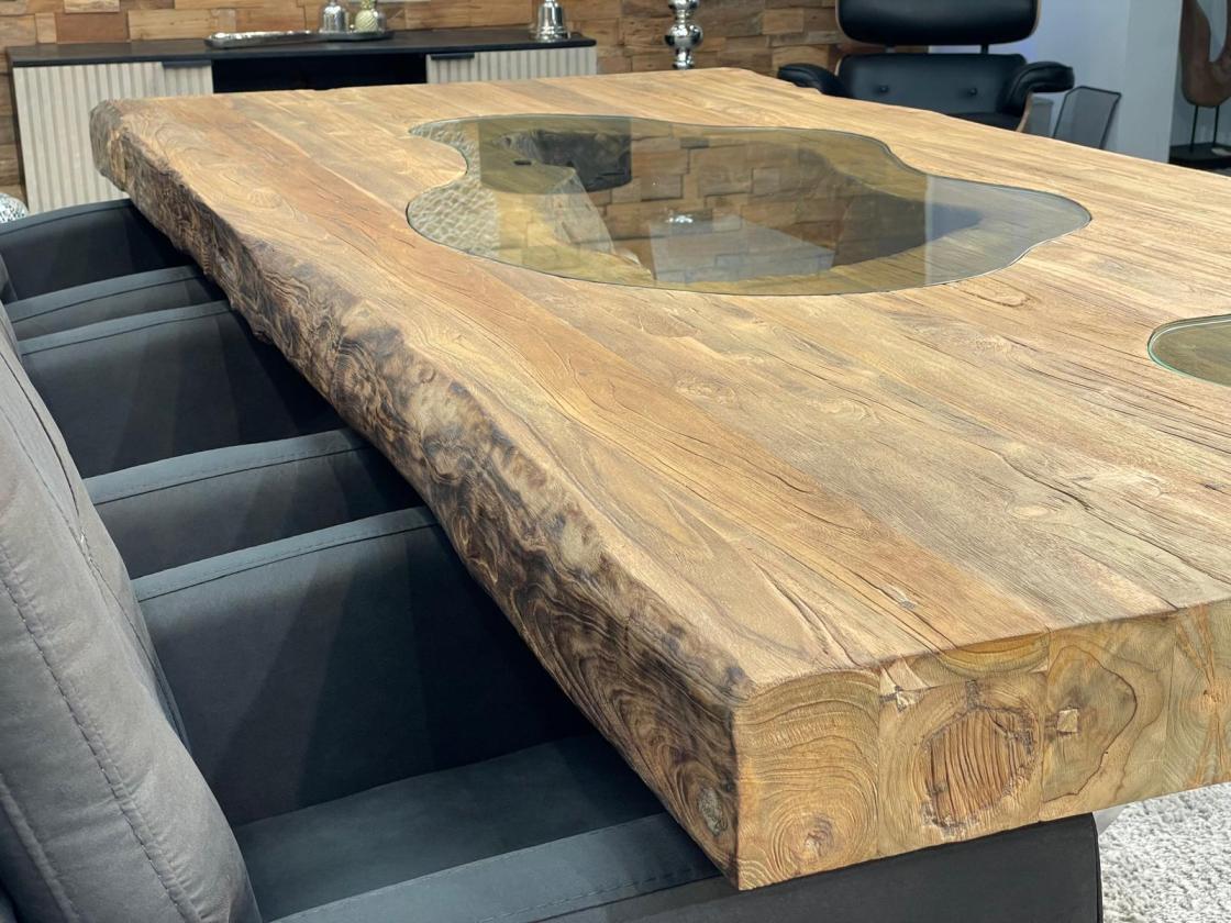 Stilvoller Esstisch aus massivem Teakholz und Glas 220 cm