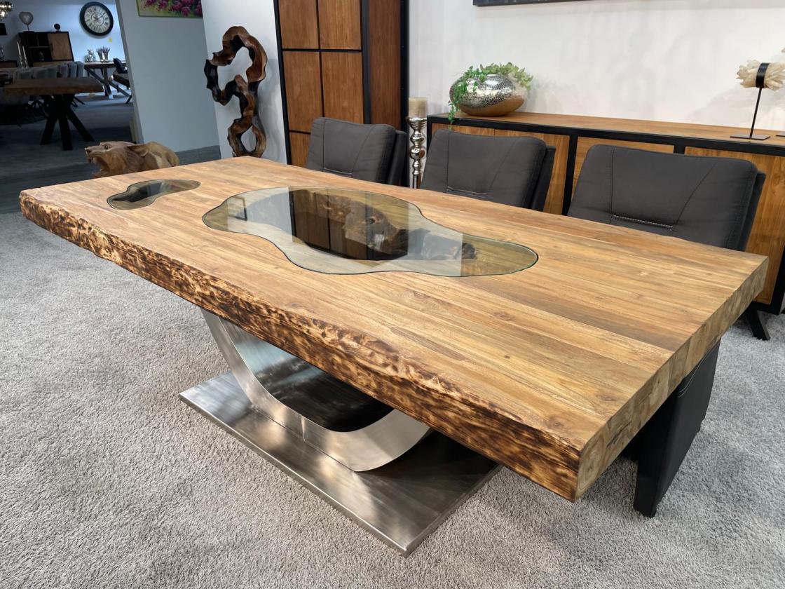 Stilvoller Esstisch aus massivem Teakholz und Glas 220 cm