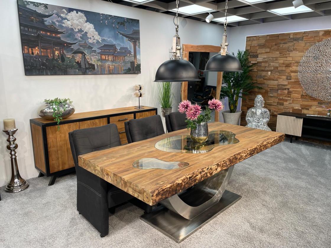 Stilvoller Esstisch aus massivem Teakholz und Glas 220 cm