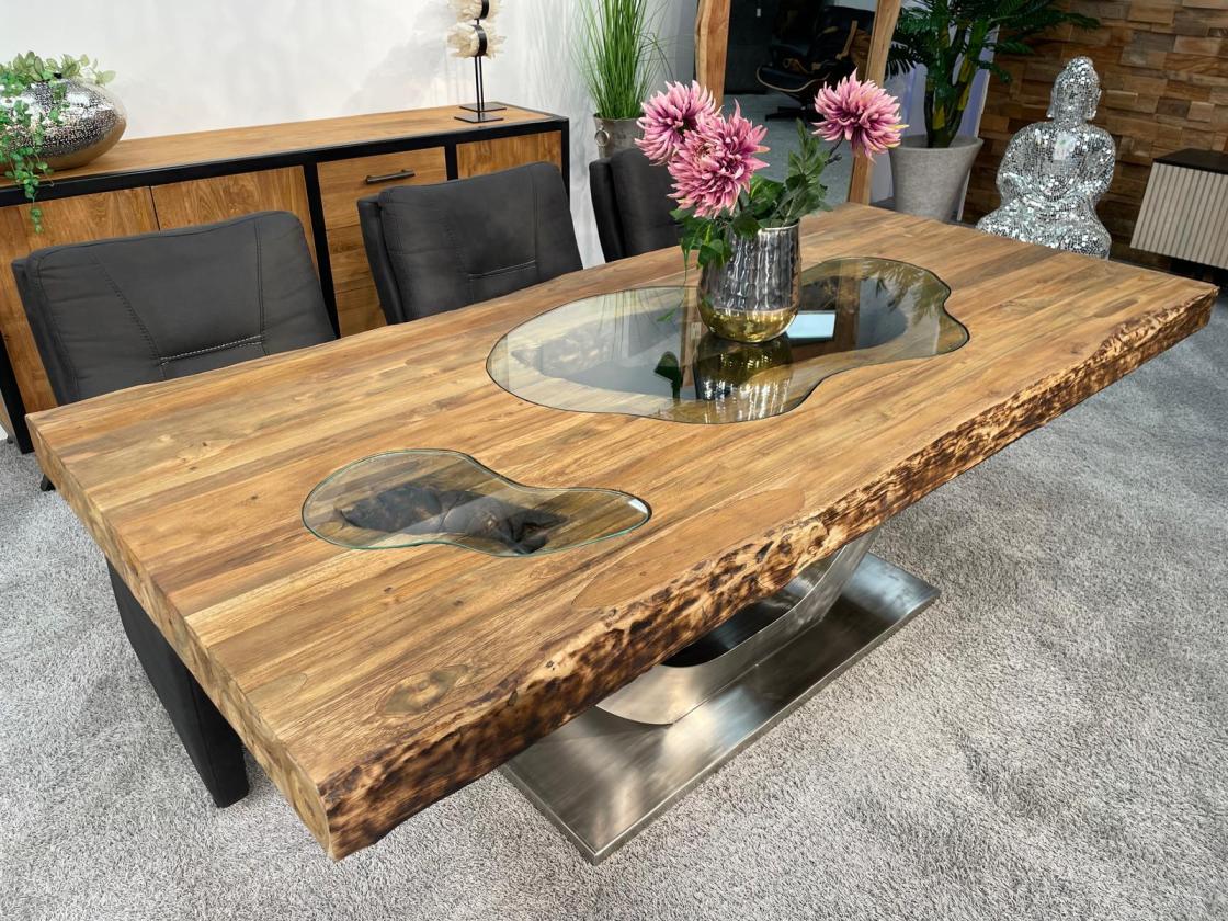 Stilvoller Esstisch aus massivem Teakholz und Glas 220 cm