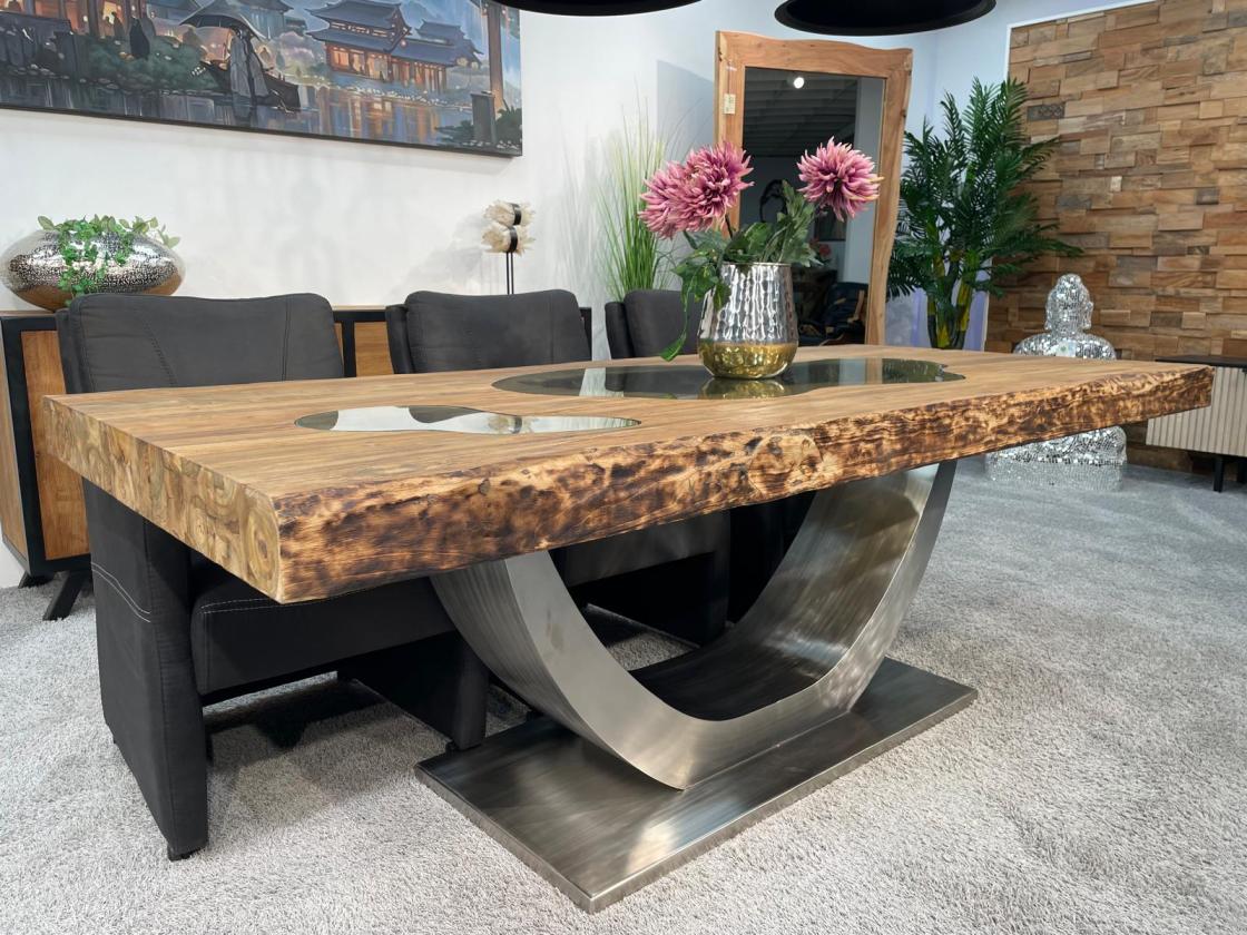 Stilvoller Esstisch aus massivem Teakholz und Glas 220 cm