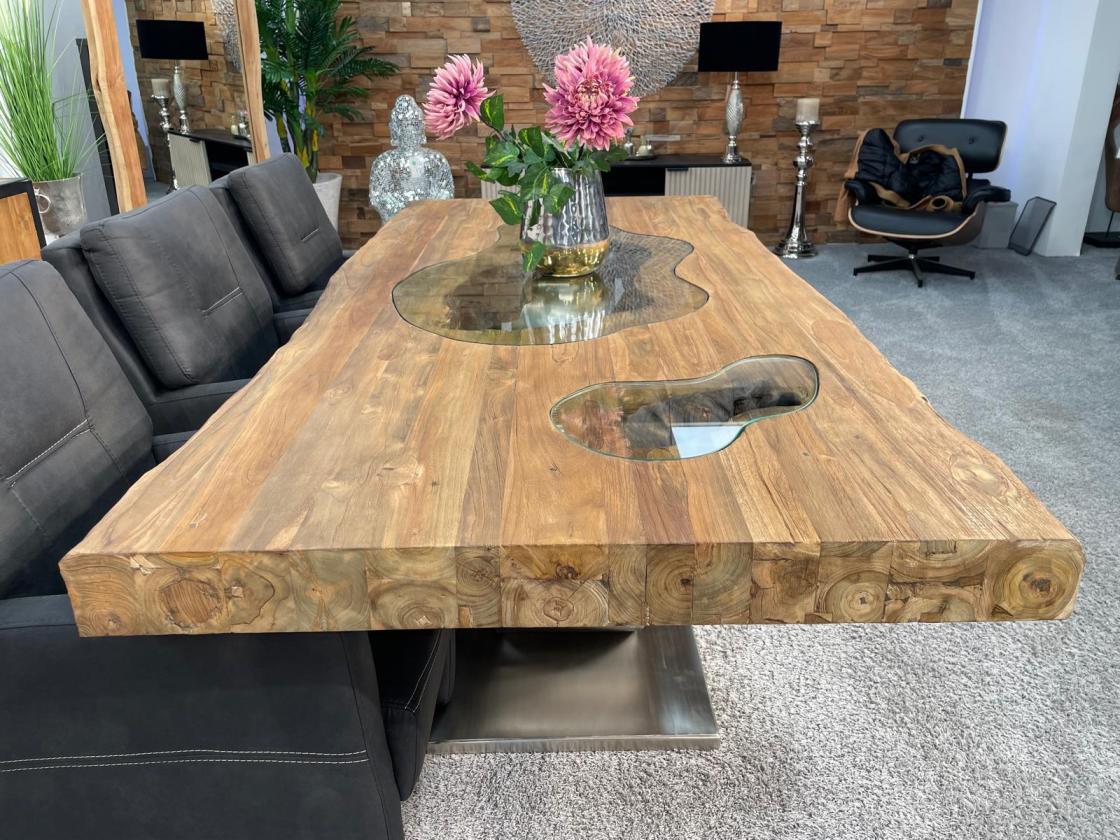 Stilvoller Esstisch aus massivem Teakholz und Glas 220 cm