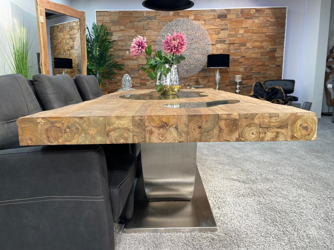 Stilvoller Esstisch aus massivem Teakholz und Glas 220 cm