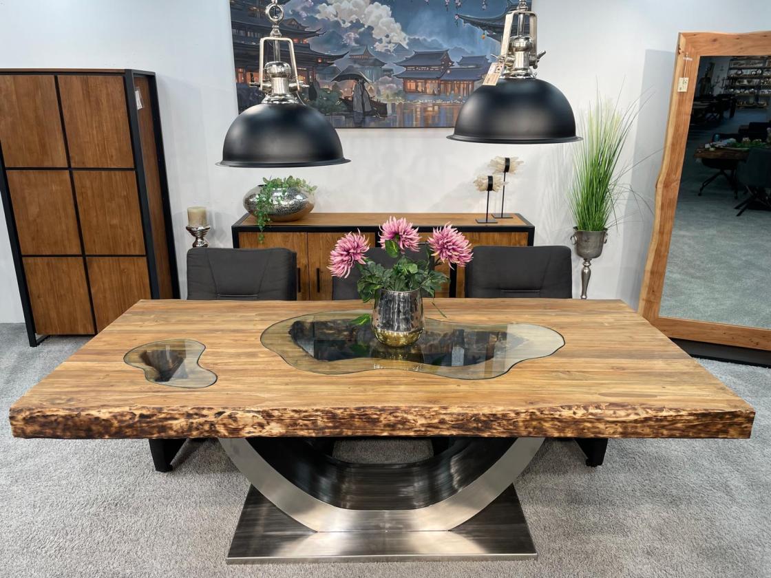 Stilvoller Esstisch aus massivem Teakholz und Glas 220 cm