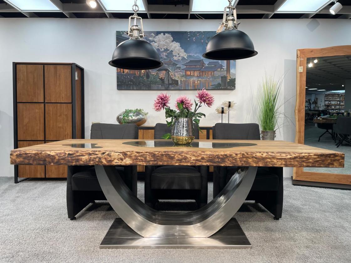 Stilvoller Esstisch aus massivem Teakholz und Glas 220 cm