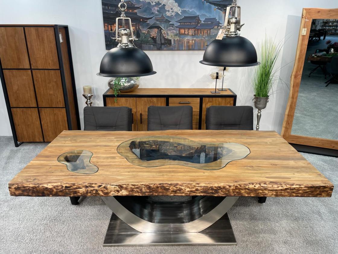 Stilvoller Esstisch aus massivem Teakholz und Glas 220 cm