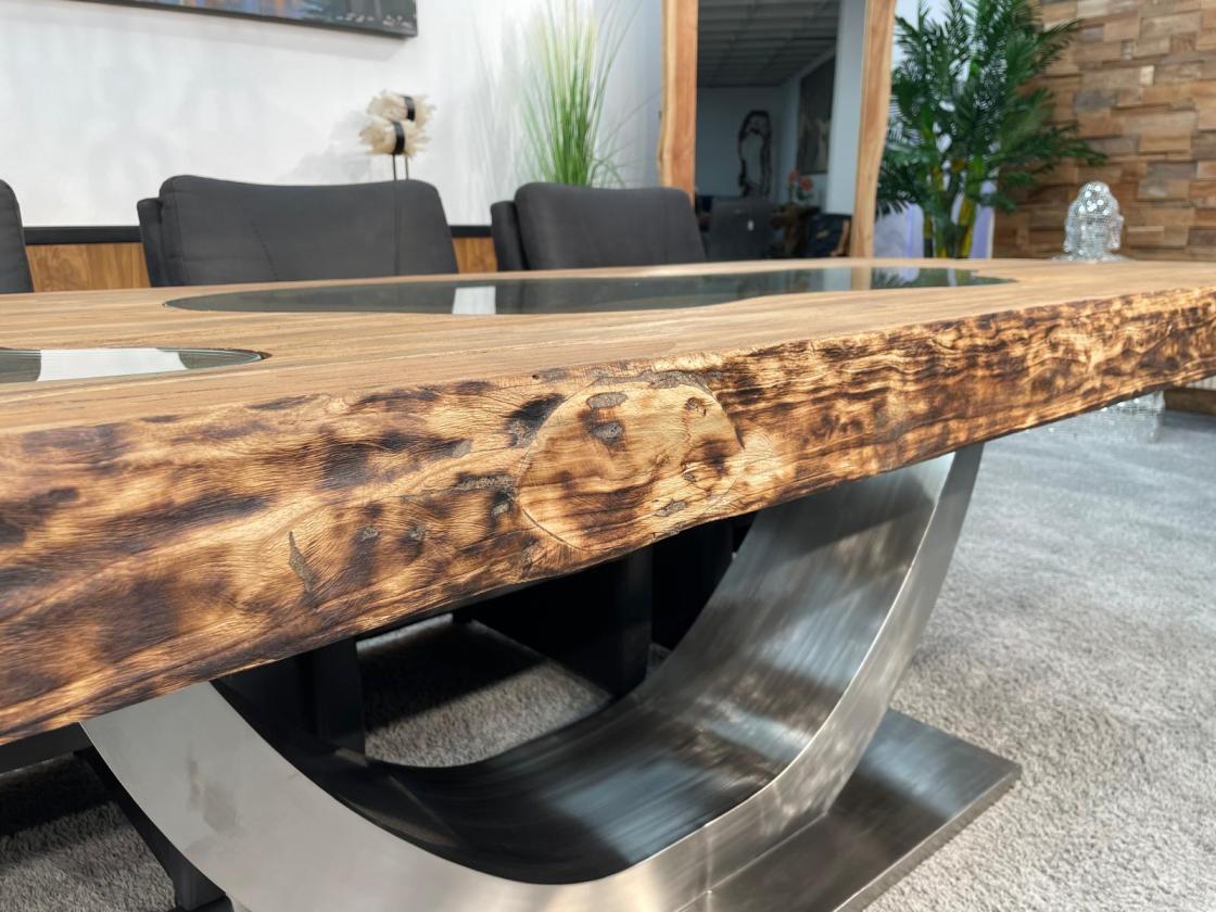 Stilvoller Esstisch aus massivem Teakholz und Glas 220 cm
