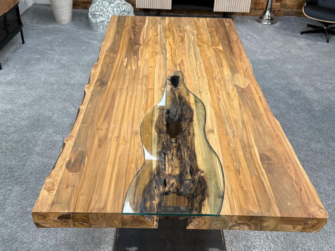Holztisch mit Glasstreifen in der Mitte, 220x100x78,5 cm