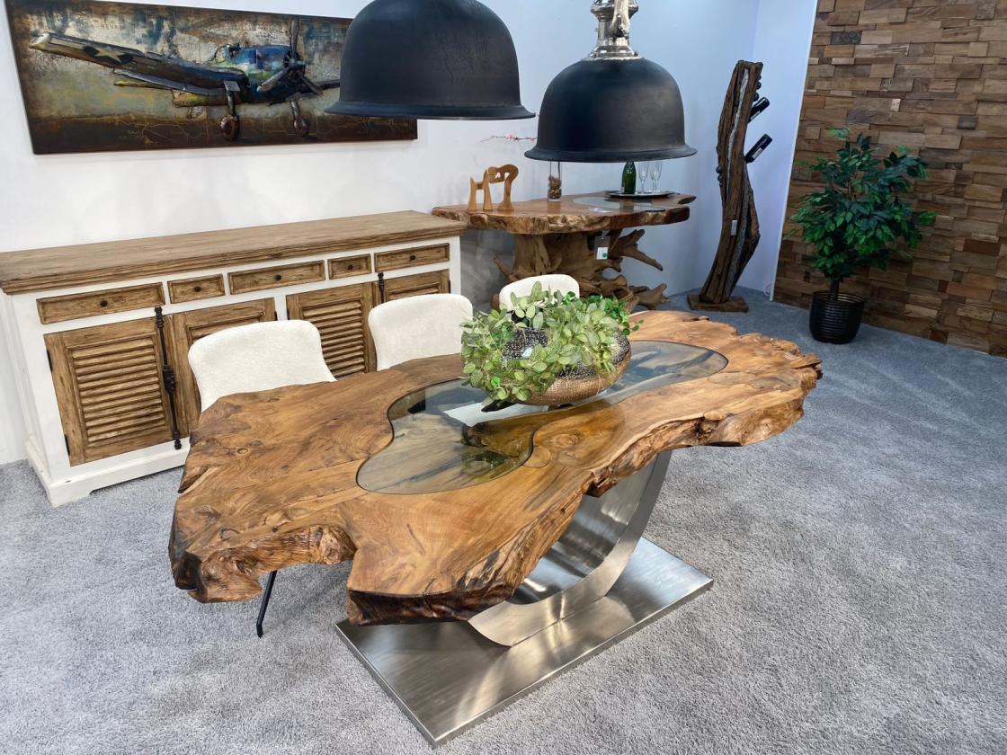 Designtisch aus Baumscheiben "Expression" (ca. 200 x 80-108 x 76 cm) mit Glaseinlage und Edelstahlgestell