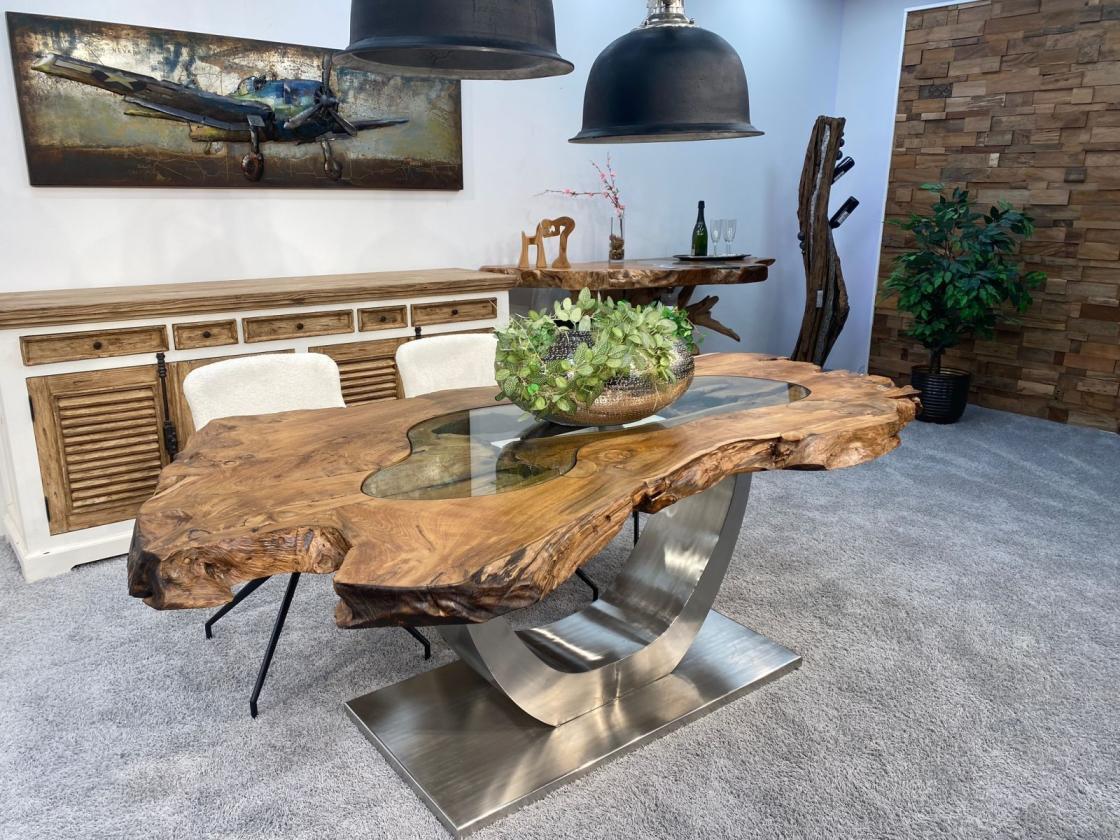 Designtisch aus Baumscheiben "Expression" (ca. 200 x 80-108 x 76 cm) mit Glaseinlage und Edelstahlgestell