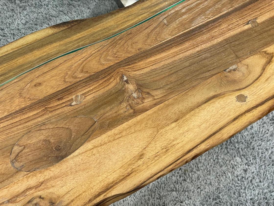 Eckiger Couchtisch "Old Elements" 80 x 60-64 x 45 cm aus recyceltem Teakholz mit Glas und Edelstahl