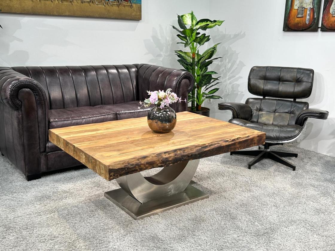 Massiver Couchtisch Holz mit Edelstahl modern rustikal Massivholz