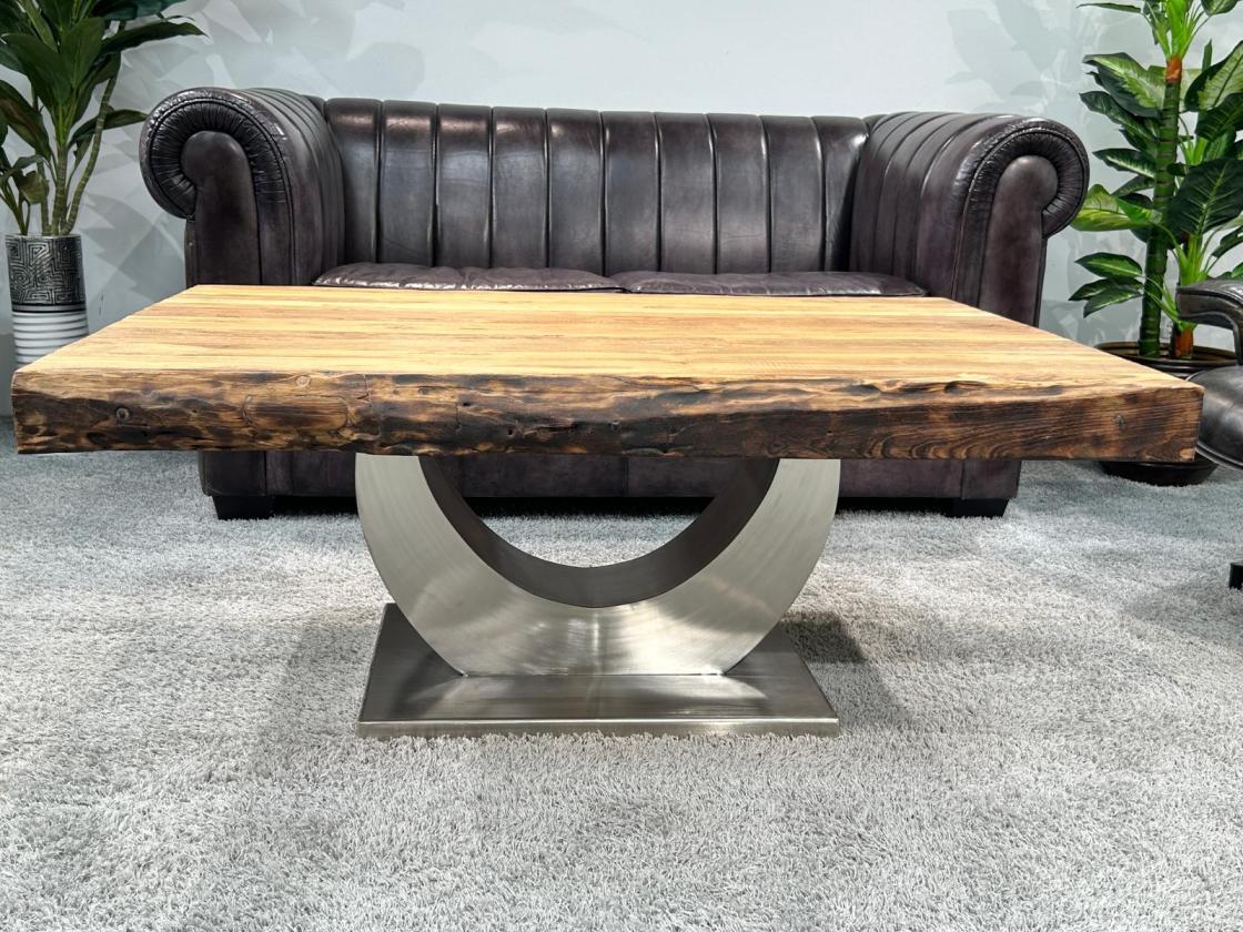 Massiver Couchtisch Holz mit Edelstahl modern rustikal Massivholz